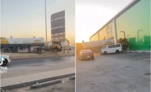 أول تعليق من المرور على حادثة انحراف مفاجئ لشاحنة واصطدامها بمركبة متوقفة وواجهة محل تجاري  في الرياض