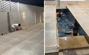 مزحة خطيرة .. بالفيديو: شاب يغلق غطاء المسبح على أصدقائه أثناء وجودهم بداخله