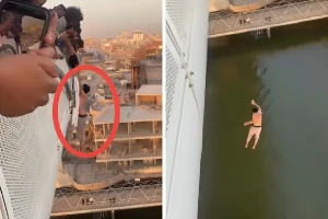 "أفلت من أيديهم".. بالفيديو: لحظة سقوط شاب من أعلى جسر في البصرة بعدما حاول عراقيون إنقاذه