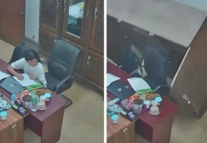 بالفيديو: موظفة تختبئ أسفل مكتبها لحظة حدوث زلزال تركيا.. وسقوط دولاب عليها
