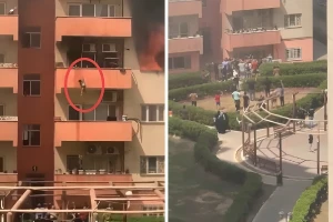 بالفيديو.. إنقاذ 3 أطفال بعد قفزهم  من شقة سكنية احترقت في أحد مجمعات بغداد