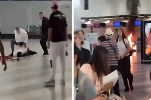 بالفيديو.. شاب مالي يشعل النيران داخل مطار في إيطاليا.. ومسافر يضربه على رأسه بمطفأة حريق