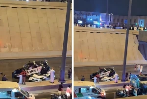 سقوط دورية من أعلى جسر بالرياض على مركبة أخرى صادف مرورها لحظة الحادث