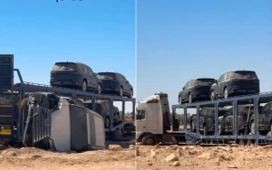 فيديو متداول لانحراف تريلة نقل مركبات على طريق برفحاء وسقوط سيارة لكزس من على متنها