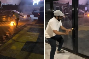 بالفيديو: مواطن يحطم قفل محل تجاري في الجبيل ويخمد حريقاً اندلع بداخله قبل وصوله إلى السيارات