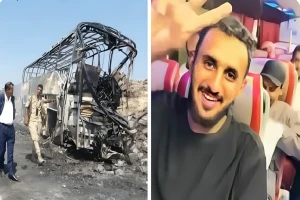 بالفيديو: وفاة 35 يمنيًا في حادث مروع بعد عودتهم من السعودية واحتراق الحافلة بالكامل