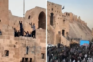 بالفيديو.. لحظة صعود الشرع  أعلى قلعة حلب للمشاركة في احتفالات الذكرى الأولى للتحرير من نظام الأسد البائد