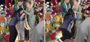 بالفيديو.. عروس إندونيسية تشد شعر الزوجة الأولى وتسقطها على الأرض بعد محاولتها تقبيل يد زوجها في حفل زفافه
