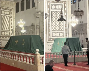 صورة لهدية داخل صندوق مغطّى بالشعار السعودي في الجامع الأموي بدمشق تثير الجدل والتكهنات