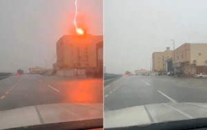 بالفيديو: صاعقة  تضرب مبنى  ‏في حي الحمدانية شمال جدة