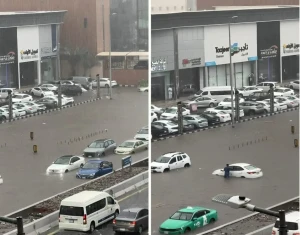 بالفيديو.. تعطل عشرات السيارات على طريق المدينة من الاتجاهين بسبب الأمطار الغزيرة