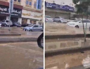 بالفيديو.. غرق شارع حراء في حي النزهة شمال جدة نتيجة الأمطار الغزيرة