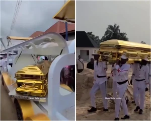 بالفيديو.. "نيجيري" يحضر تابوتا ذهبيا بقيمة 103 آلاف دولار لدفن والدته البالغة 104 أعوام
