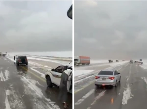 بالفيديو: تساقط الثلوج في مشهد نادر على الأحساء