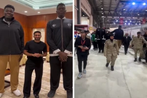 بالفيديو: لاعبا كرة سلة «عمالقة» يلفتان الأنظار أثناء تجولهما داخل معرض في دبي