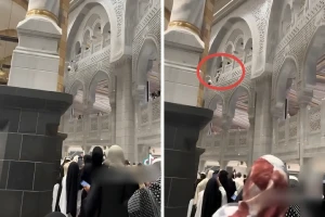 فيديو من زاوية جديدة لحظة قيام المعتمر بالقفز من الأدوار العلوية  بالحرم قبل أن ينقذه رجل الأمن