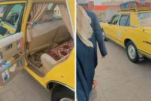 الأبواب من الداخل مزينة بصور أم كلثوم وسميرة توفيق.. بالفيديو: مواطن يستعرض «تاكسي الغرام» في مكة قبل 50 عامًا