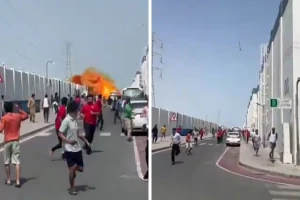 ‏بالفيديو: لحظة سقوط الصاروخ الإيراني الذي تم اعتراضه في قطر وهروب العمالة للاحتماء