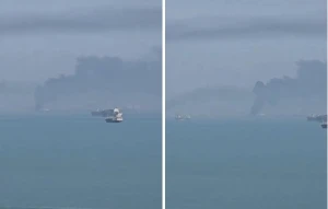 بالفيديو.. لحظة قصف سفينة إيرانية في ميناء بندر عباس وإغراقها في المياه