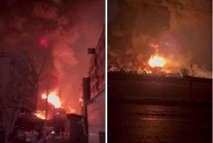 بالفيديو.. لحظة قصف مستودع نفط بمدينة كرج الإيرانية بقنابل شديدة التدمير