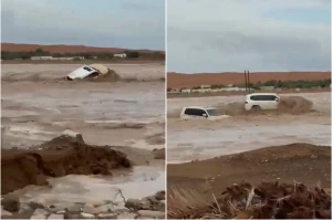 بالفيديو.. سيل يجرف سيارتين ويتسبب في انقلابهما بـ عمّان