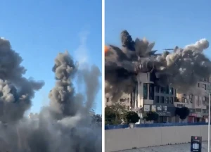 بالفيديو: صاروخ إسرائيلي  يستهدف عمارة تابعة لحزب الله  في بيروت