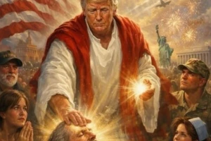 ترامب ينشر صورة له كيسوع المسيح يشفي المرضى محاطًا بالنسر والطائرات المقاتلة وتمثال الحرية