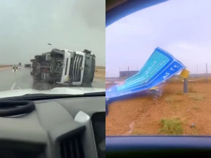 حدث نادر في القصيم.. بالفيديو: انقلاب 3 شاحنات وسقوط لوحات إرشادية على طريق القصيم المدينة بسبب الرياح القوية