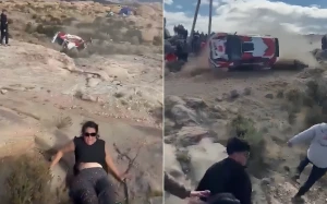 حادث مروع في سباق رالي… بالفيديو: انقلاب سيارة عدة مرات وإصابة متفرجة بكسر في الساق