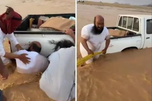 كادت أن تُجرف.. بالفيديو.. لحظة إنقاذ سيارة «وانيت» علِقت وسط سيول الريان في مكة