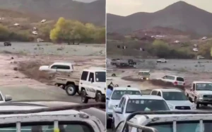 بالفيديو.. جرف «لاند كروزر»  أثناء محاولة قائدها اقتحام سيل في منطقة الباحة