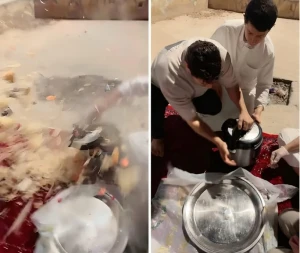 بالفيديو.. لحظة انفجار قدر ضغط أثناء محاولة عدد من الأشخاص فتحه.. وتناثر الكبسة
