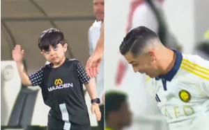 فيديو للطفل الذي رافق كريستيانو رونالدو في مباراة النصر والشباب يحظى بتفاعل كبير بعد تقليده احتفالية "كالما كالما"