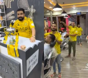 بالفيديو : عمال صالون حلاقة يرتدون قميص النصر ويحتفلون برفع الكأس