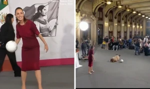 بالفيديو.. لحظة سقوط صحفية على الأرض أثناء محاولتها التقاط كرة ألقتها رئيسة المكسيك main