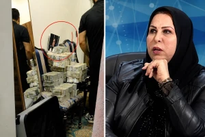 صورة توثق العثور على رزم من الدولارات داخل منزل مسؤولة عراقية أثناء اعتقالها بتهمة الفساد