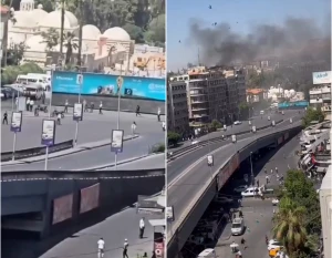 بالفيديو: انفجاران بالقرب من فندق إقامة الرئيس الفرنسي في دمشق