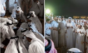 بالصور.. الأمير تميم وإخوته وأبناؤهم يشاركون في دفن والدهم أمير قطر السابق حمد بن خليفة وملابسهم ملطخة بالطين