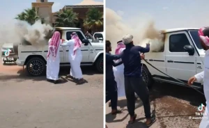 بالفيديو.. اشتعال حريق في سيارة «جي كلاس» بوادي الدواسر..  ومحاولات لإخماد النيران