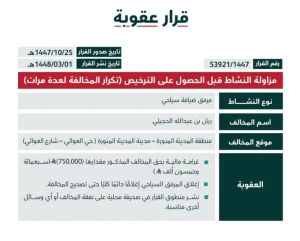 التشهير  وعقوبة بـ750 ألف ريال بحق مخالف لنظام السياحة بالمدينة المنورة