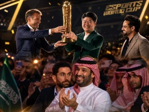 وسط تصفيق ولي العهد .. بالفيديو:  الرئيس الفرنسي يتوج «AG.AL» الصيني بكأس العالم للرياضات الإلكترونية