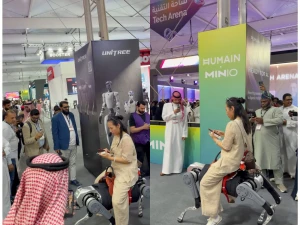 فيديو طريف لمشاركة صينية  في مؤتمر "ليب 2026" بالرياض وهي تركب على ظهر روبوت
