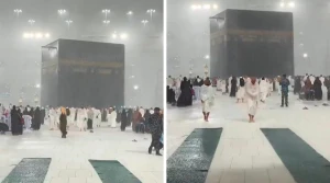 بالفيديو: أمطار غزيرة تهطل على الكعبة والمعتمرون يواصلون الطواف