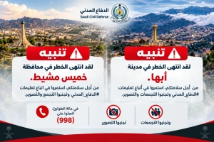 الدفاع المدني يعلن زوال الخطر في أبها وخميس مشيط بعد إطلاق إنذارات قبل قليل عبر منصة الإنذار المبكر