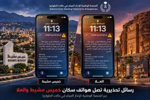 رسائل تحذيرية تصل هواتف سكان خميس مشيط والعلا عبر منصة الإنذار المبكر