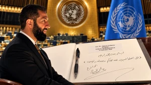 صورة : الشرع يكتب آية قرآنية بخط يده ويوقّع في سجل زوار الأمين العام للأمم المتحدة