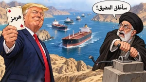 «ورقة هرمز» بيد ترامب.. كاريكاتير يسخر من تلويح إيران بإغلاق المضيق
