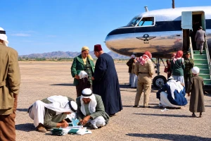 صورة قديمة لموظف جوازات سعودي يفترش أرض المطار ويقيد أسماء المسافرين بالمدينة.. والكشف عن تاريخها ومناسبتها