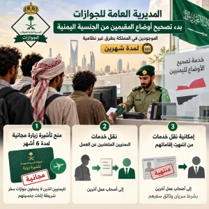 الجوازات تعلن بدء تصحيح أوضاع المقيمين اليمنيين بطرق غير نظامية في المملكة لمدة شهرين.. وتكشف شرط منح تأشيرة مجانية لمدة 6 أشهر