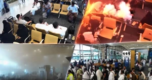 قبل صعود عدد من المعتمرين إلى الطائرة ..أول فيديو يوثق لحظة الاعتداء الحوثي الإرهابي على مطار الملك خالد الدولي بالرياض